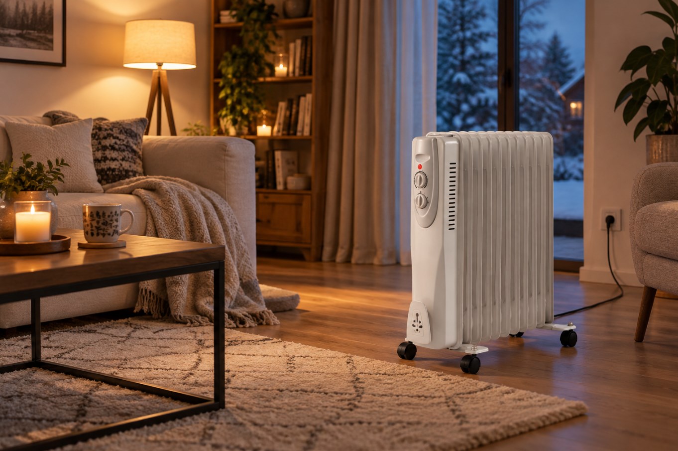 Grzejnik olejowy VIMAR NY-W1-11 2500 W – 11 żeberek, termostat, biały, na kółkach